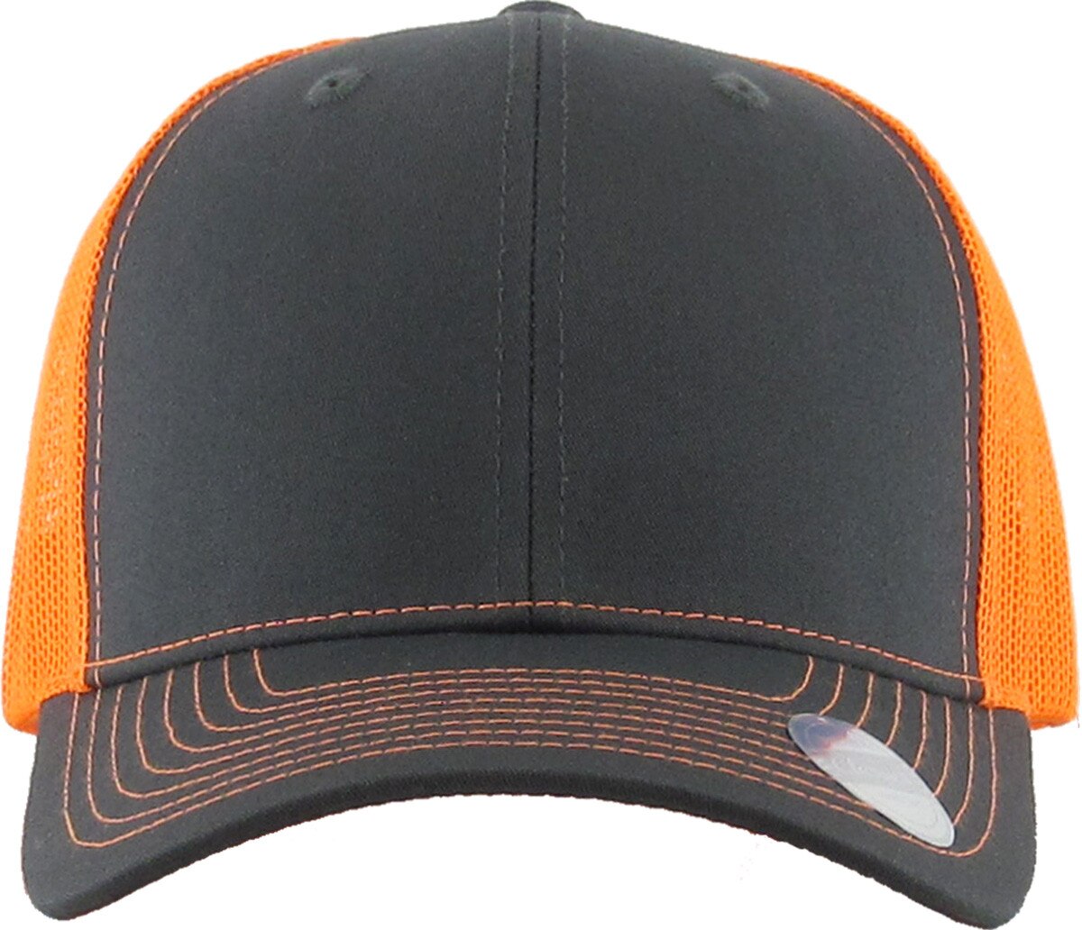 Dark Gray Neon Orange Two Tone Classic 6 Panel Trucker Mesh Snapback Front View